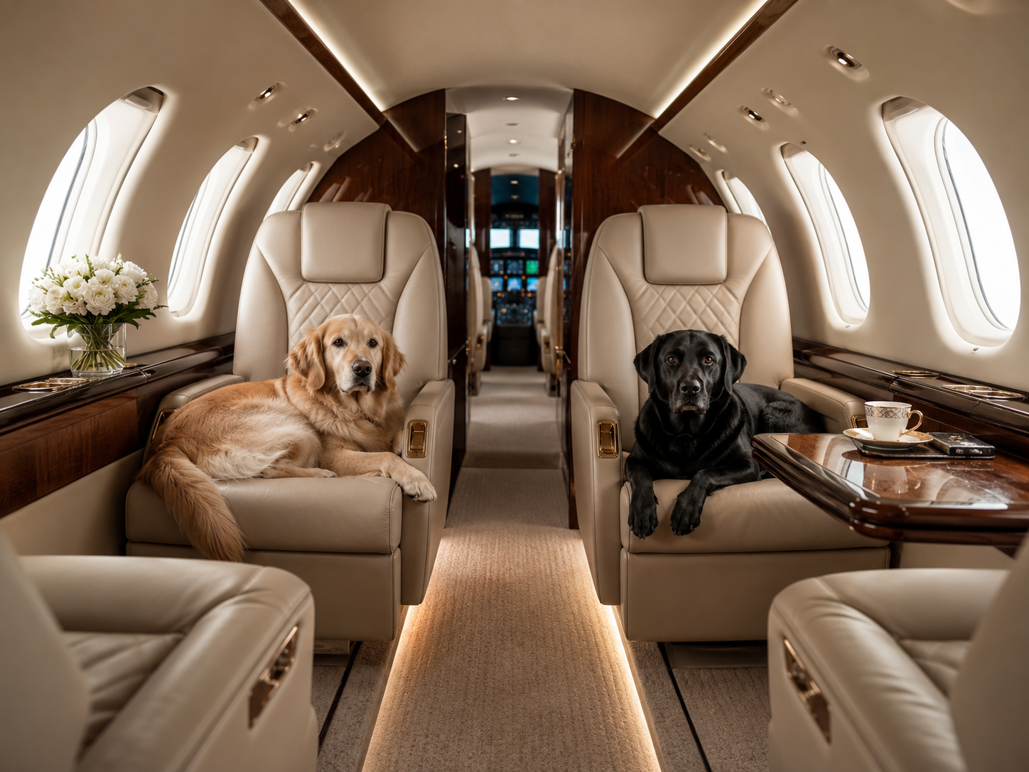 Cane a bordo di un jet privato — viaggio pet friendly