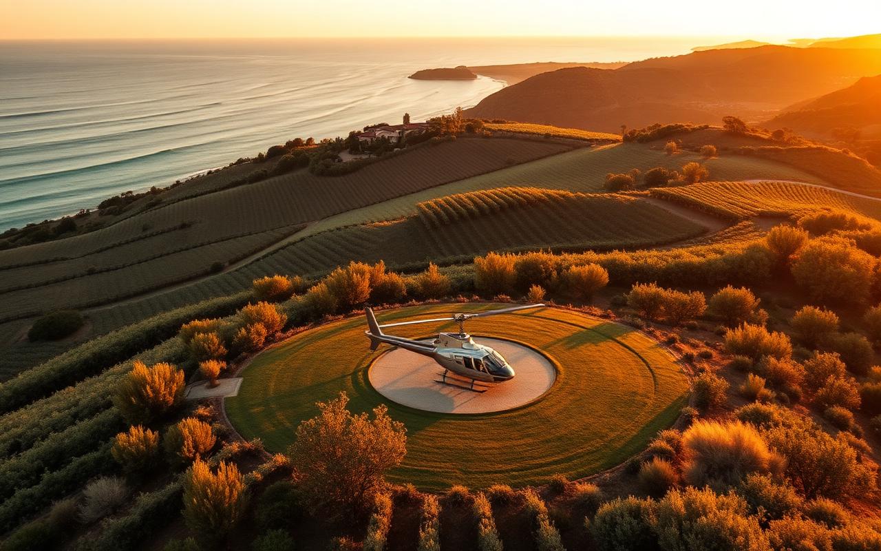 Elicottero privato sull'elisuperficie di Tenuta delle Ripalte tra vigneti e mare al tramonto