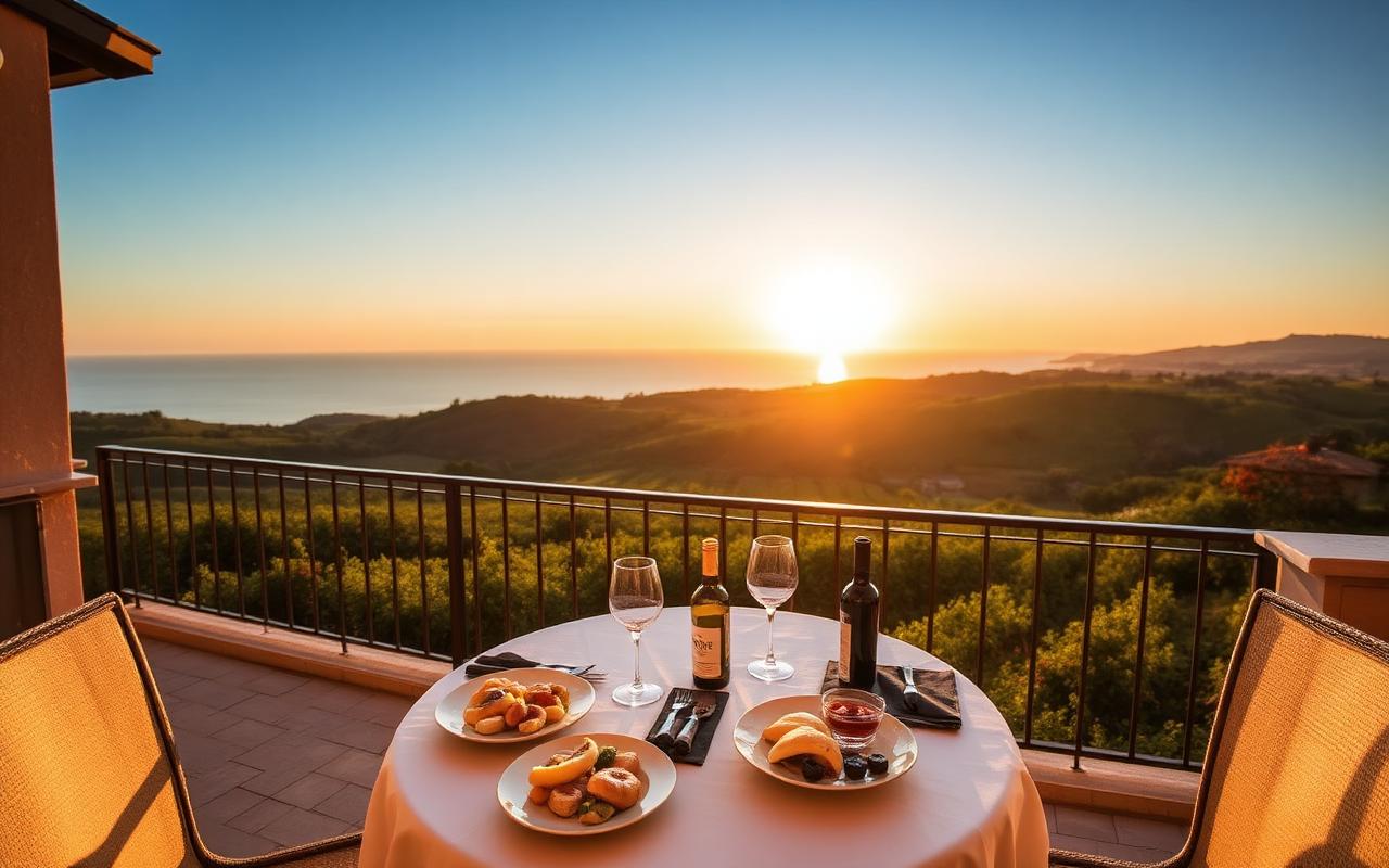 Terrazza panoramica con degustazione di vini al tramonto sulla Costa dei Gabbiani