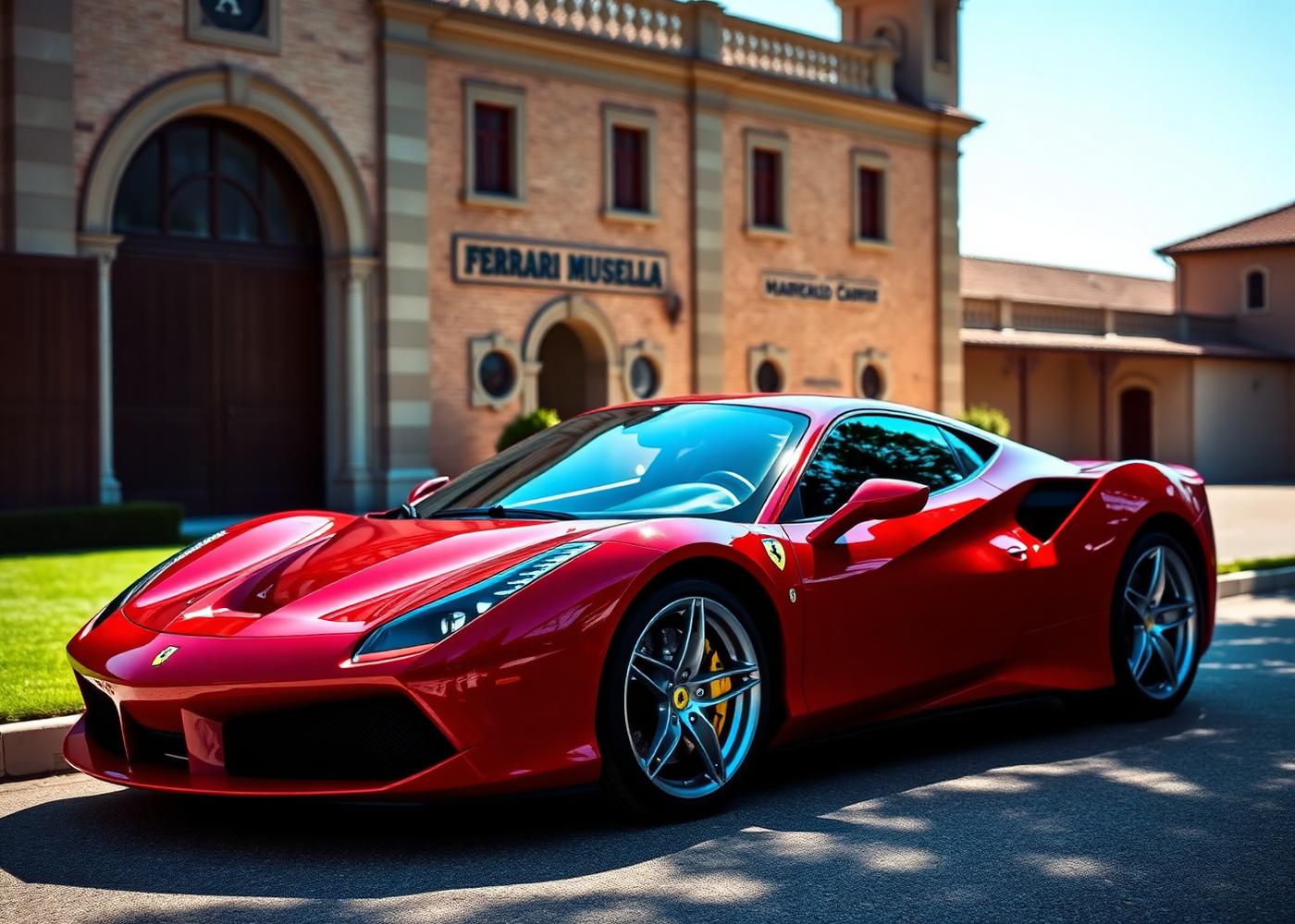 Supercar Ferrari rossa davanti al museo di Maranello