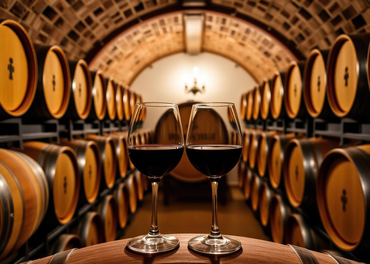 Cantina toscana con barriques e calici di vino rosso